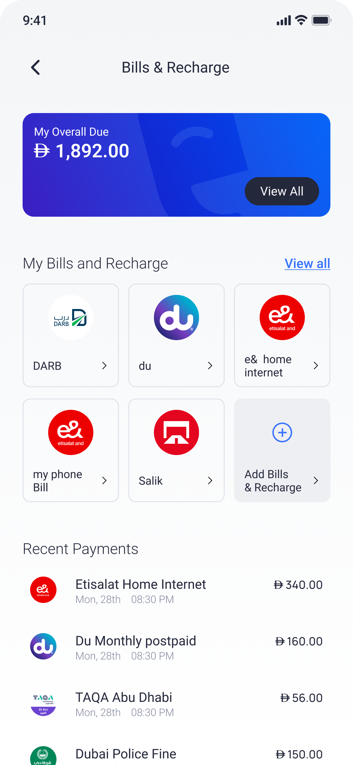 Bills and recharge overview